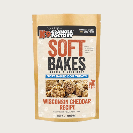 12 oz bag of K9 Granola Factory Soft Bakes, granola originals soft baked dog treats. Wisconsin Cheddar Recipe. Wheat, corn & soy free. Baked fresh in the USA since 2006.