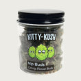 Load image into Gallery viewer, Clear jar of Kitty Kush Nip Buds Catnip Flower Buds. Product inside is all full catnip buds. Disc shaped grinder is shrink wrapped to the bottom of the jar.
