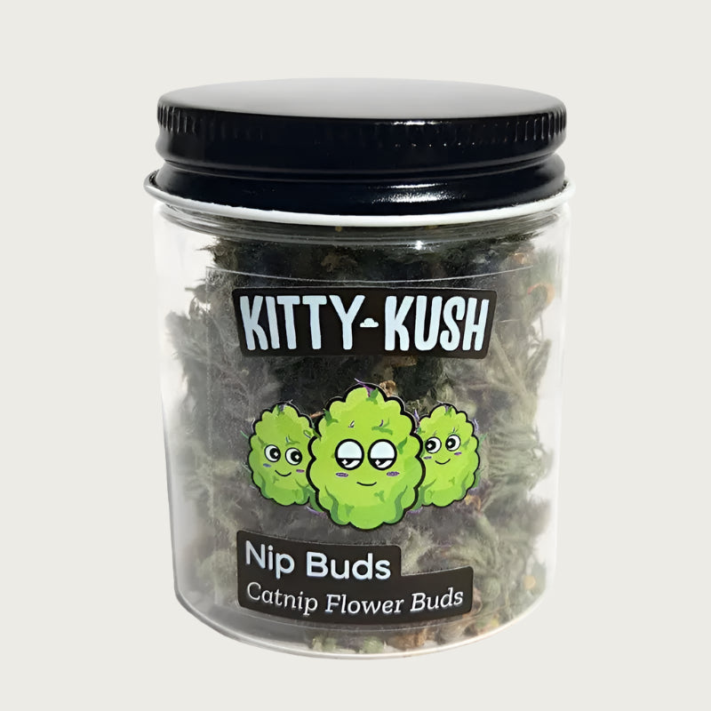 Clear jar of Kitty Kush Nip Buds Catnip Flower Buds. Product inside is all full catnip buds. Disc shaped grinder is shrink wrapped to the bottom of the jar.