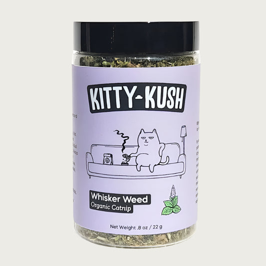 0.8 oz net weight jar of Kitty Kush Whisker Weed Organic Catnip. Label covers most of the jar, but you can see the catnip inside, above and below the label.