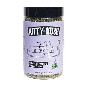 0.8 oz net weight jar of Kitty Kush Whisker Weed Organic Catnip. Label covers most of the jar, but you can see the catnip inside, above and below the label.