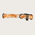 Load image into Gallery viewer, 0.75in width, dog collar with floral pattern in shades of orange, with white ghosts, stainless d-ring and black plastic buckle.
