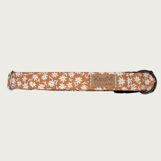 1" width dog collar, featuring a tiny floral print in cream, on a light brownish-orange background.