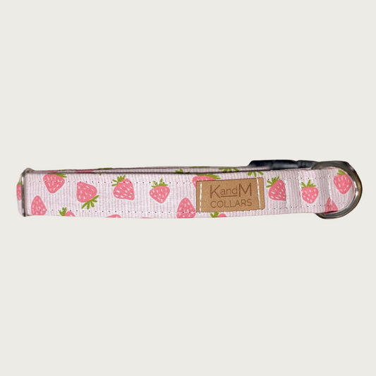 1" width dog collar with small pink strawberries on a pale pink & white, narrow vertical striped background.