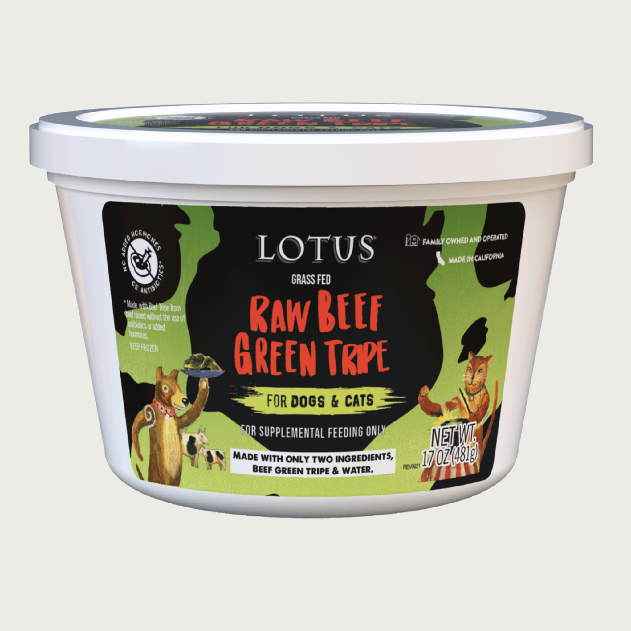 Plastic container of Lotus Raw Beef Green Tripe for dogs and cats. For supplemental feeding only. Made with only two ingredients: beef green tripe & water. No added hormones or antibiotics. Keep frozen. Net wt 17 oz.