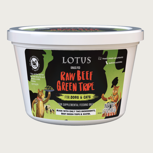 Plastic container of Lotus Raw Beef Green Tripe for dogs and cats. For supplemental feeding only. Made with only two ingredients: beef green tripe & water. No added hormones or antibiotics. Keep frozen. Net wt 17 oz.