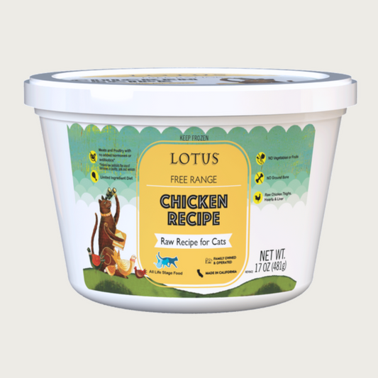 White plastic tub of Lotus Free Range Chicken Recipe raw cat food. Net Wt. 17 oz. Keep frozen.