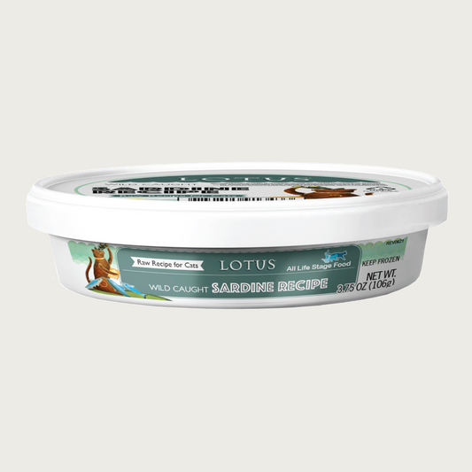 White plastic tub of Lotus Wild Caught Sardine Recipe raw cat food. Net Wt. 3.75 oz. Keep frozen.