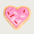 Load image into Gallery viewer, Valentine's Day themed, plush dog toy. Looks like a pink "frosted" heart-shaped sugar cookie with red, pink & white embroidered sprinkles.
