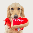 Load image into Gallery viewer, Golden retriever dog looking straight ahead, holding the Red Heart Sugar Cookie toy in its mouth.
