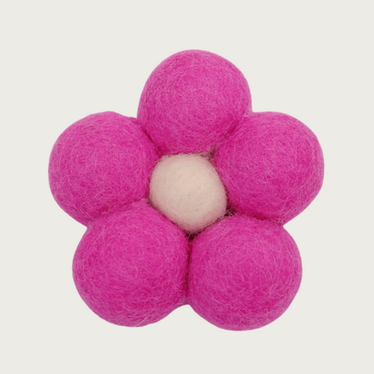 Hot pink collar flower for dogs, made from 5 felted wool balls with white center. 