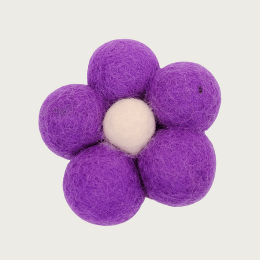 Bright purple collar flower for dogs, made from 5 felted wool balls with white center. 