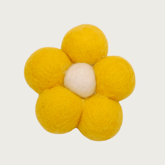 Bright yellow collar flower for dogs, made from 5 felted wool balls with white center. 