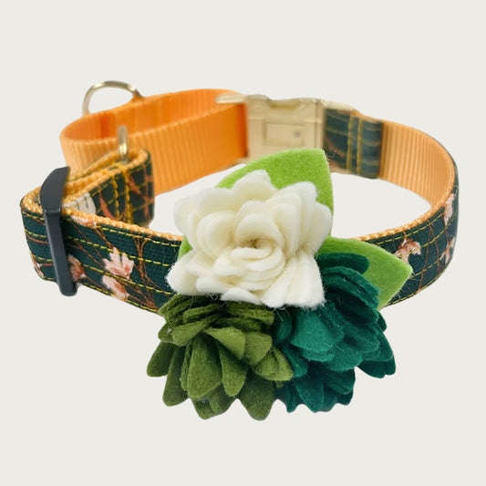 Succulent dog collar accessory displayed on a collar.