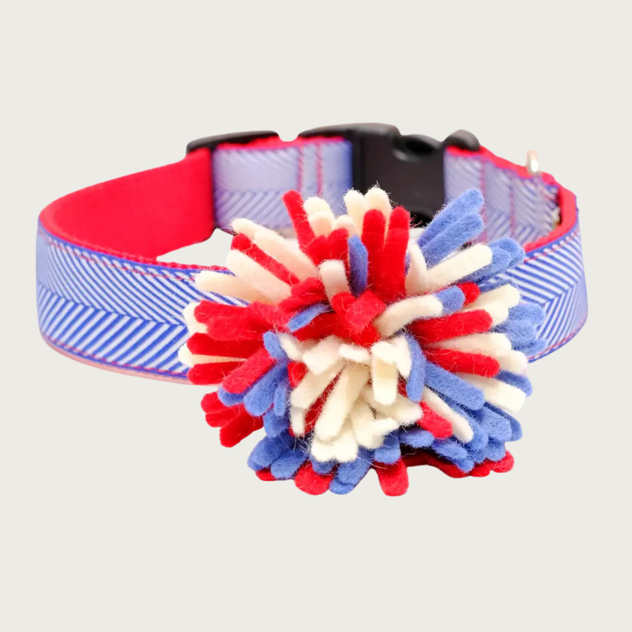 Dog collar displaying a red, white, and blue pom pom-like accessory designed to look like fireworks.