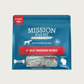 Load image into Gallery viewer, Blue bag with red accents, of Mission Farms, Raw Frozen Bones for Dogs; 4" Beef Marrow Bones. Small transparent window shows bones inside. 3 bones in bag, hand cut in Wisconsin. Net wt. 1.5 lbs.
