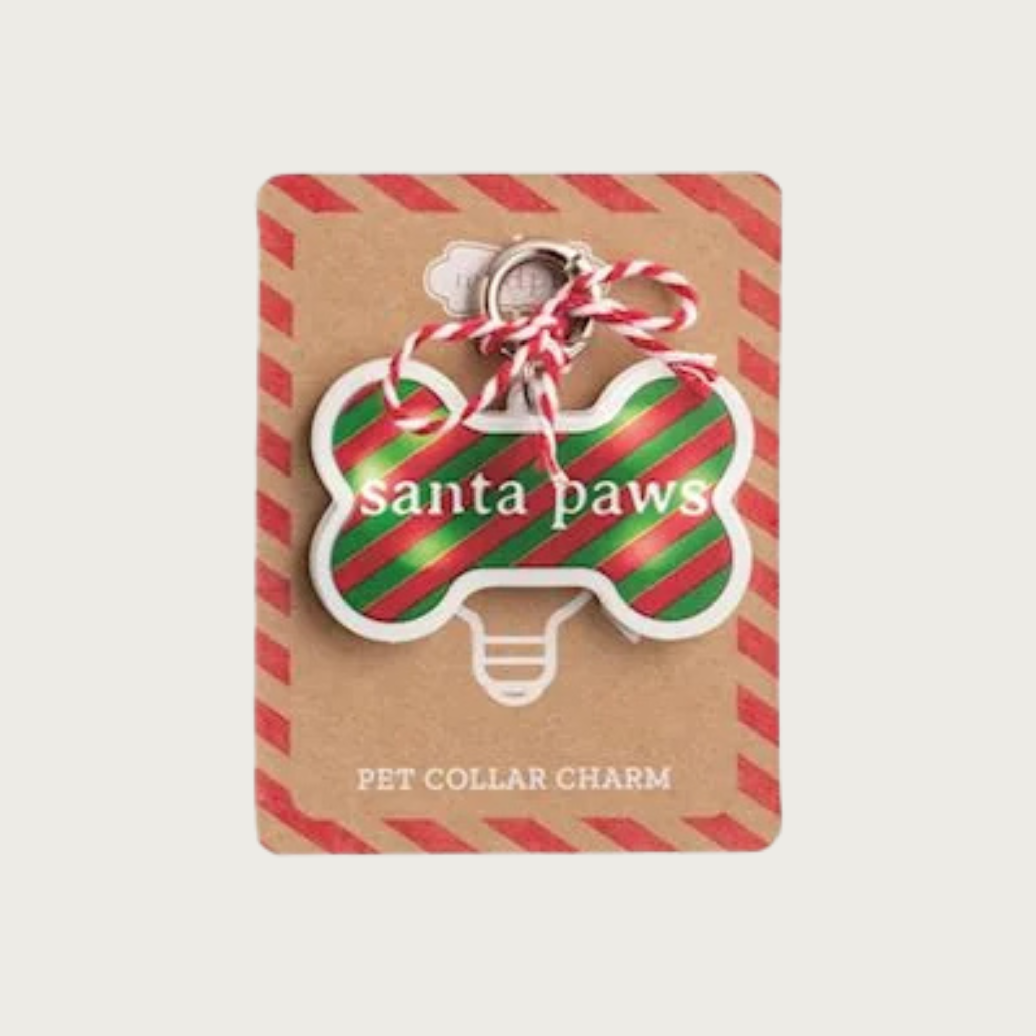 Dog bone shaped pet collar charm, with green & red diagonal stripes and "santa paws" text across the bone.
