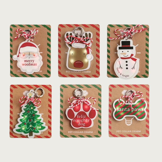 Six Christmas-themed pet collar charms in two rows. Top row is a Santa face with "merry woofmas" text, Rudolph the Red Nosed Reindeer face, and a Snowman with "furry & bright" text. Bottom row has a Christmas tree, red paw print with "feliz naughty dog" text, and a green with red diagonal striped dog bone with "santa paws" text. All have small lights illuminated inside.