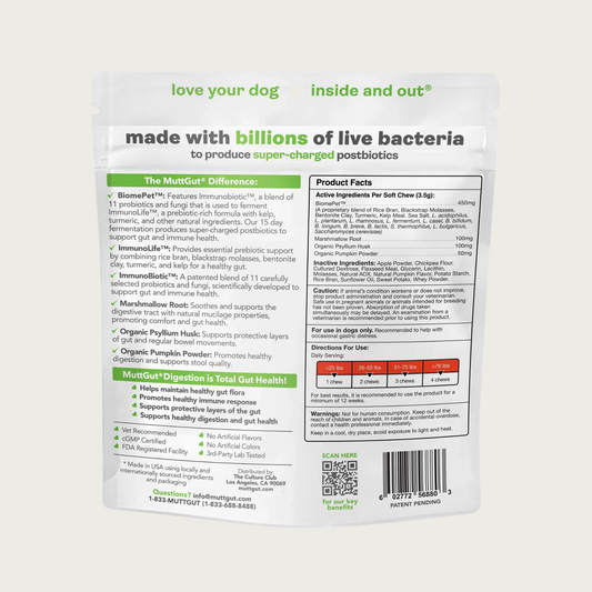 Reverse side of the Mutt Gut Digestion Soft Chews with extensive amounts of text providing product information and facts.