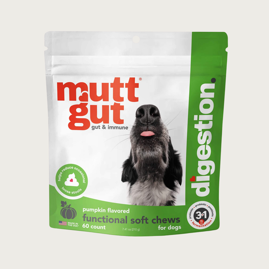 White resealable bag with bright green accents, of Mutt Gut Gut & Immune Digestion Functional Soft Chews for Dogs. Features an off-center photo of a dog's snout pointed up, with its tongue slightly sticking out. Helps reduce occasional loose stools. Pumpkin flavored. 60 count.