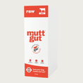 Load image into Gallery viewer, A tall white and red cardboard box of Mutt Gut raw beef dog food. Text called out in red circles under the brand name reads: 90% whole muscle meats 8% organic vegetables, 2% BiomePet & Minerals. 18 lbs.
