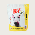 Load image into Gallery viewer, A 6 lb bag of Mutt Gut raw chicken dog food, featuring a white and yellow stand-up, resealable bag with a picture of a Bull Terrier on the front. Text called out in red circles on the left side of the bag reads: 90% whole muscle meats 8% organic vegetables, 2% BiomePet & Minerals. 6 lbs.

