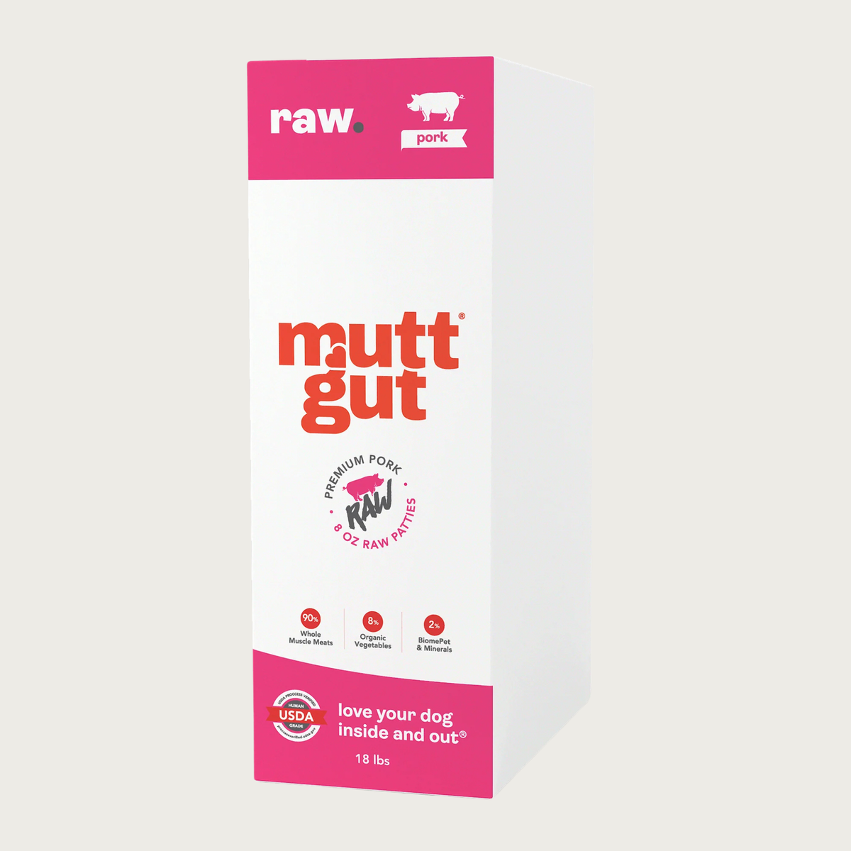 A tall white and hot pink cardboard box with red accents, of Mutt Gut raw pork dog food. Text called out in red circles under the brand name reads: 90% whole muscle meats 8% organic vegetables, 2% BiomePet & Minerals. 18 lbs.