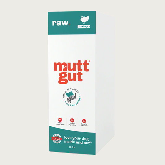 A tall white and teal cardboard box with red accents, of Mutt Gut raw turkey dog food. Text called out in red circles under the brand name reads: 90% whole muscle meats 8% organic vegetables, 2% BiomePet & Minerals. 18 lbs.