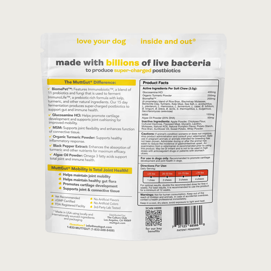 Reverse side of the Mutt Gut Mobility Soft Chews with extensive amounts of text providing product information and facts.