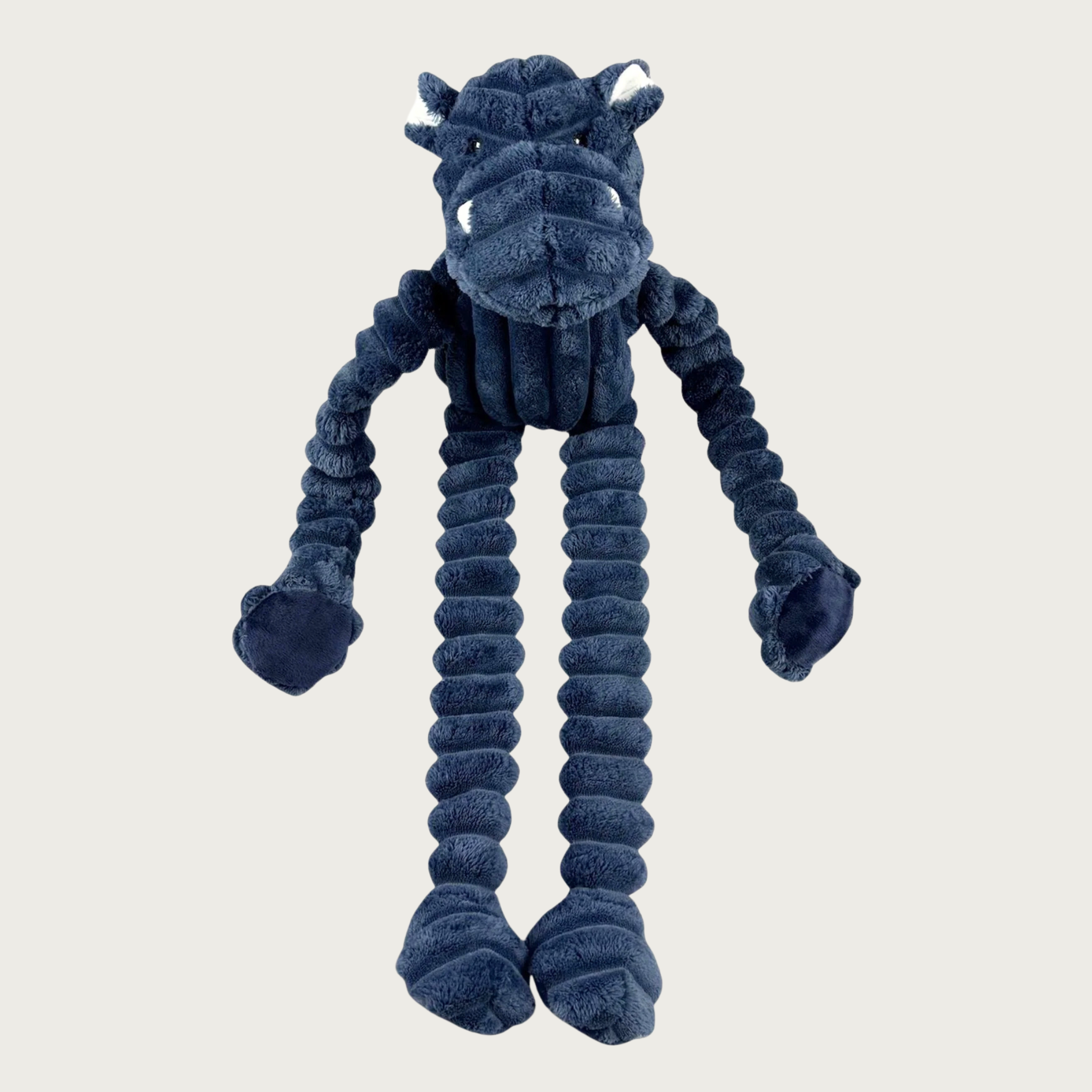 Deep blue plush dog toy with a hippo face, and extra long legs and arms. The plush looks like a wide-wale corduroy.