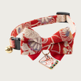 Load image into Gallery viewer, Asian-inspired red, white and multicolor floral patterned bow tie cat collar with a gold bell and decorative rectangular shaped charm.
