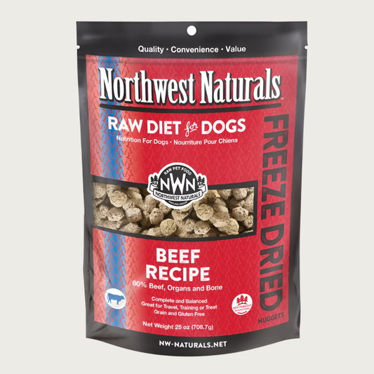 A 25 ounce bag of Northwest Naturals freeze-dried raw diet for dogs, beef recipe. Clear window on bag shows small cube-sized nuggets.