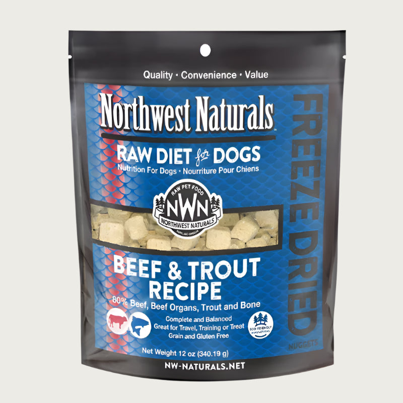 A 12 ounce bag of Northwest Naturals freeze-dried raw diet for dogs, beef and trout recipe. Clear window on bag shows small cube-sized nuggets.