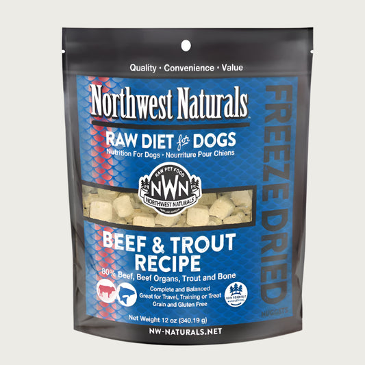 A 12 ounce bag of Northwest Naturals freeze-dried raw diet for dogs, beef and trout recipe. Clear window on bag shows small cube-sized nuggets.