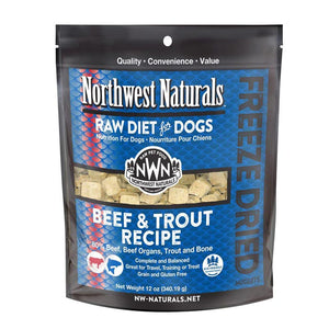 A 12 ounce bag of Northwest Naturals freeze-dried raw diet for dogs, beef and trout recipe. Clear window on bag shows small cube-sized nuggets.