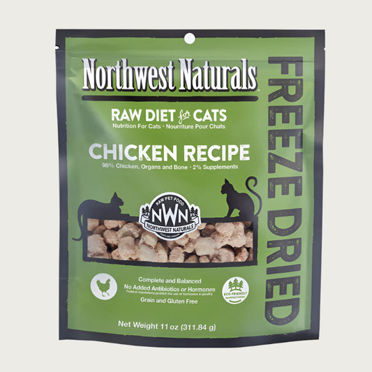 An 11 ounce bag of Northwest Naturals freeze-dried raw diet for cats, chicken recipe. Clear window on bag shows small bite-sized nibbles.
