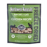 An 11 ounce bag of Northwest Naturals freeze-dried raw diet for cats, chicken recipe. Clear window on bag shows small bite-sized nibbles.