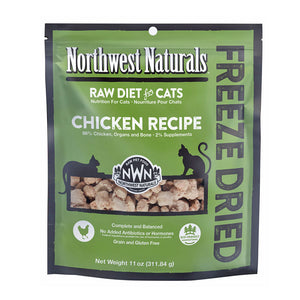 An 11 ounce bag of Northwest Naturals freeze-dried raw diet for cats, chicken recipe. Clear window on bag shows small bite-sized nibbles.