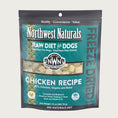 Load image into Gallery viewer, A 12 ounce bag of Northwest Naturals freeze-dried raw diet for dogs, chicken recipe. Clear window on bag shows small cube-sized nuggets.
