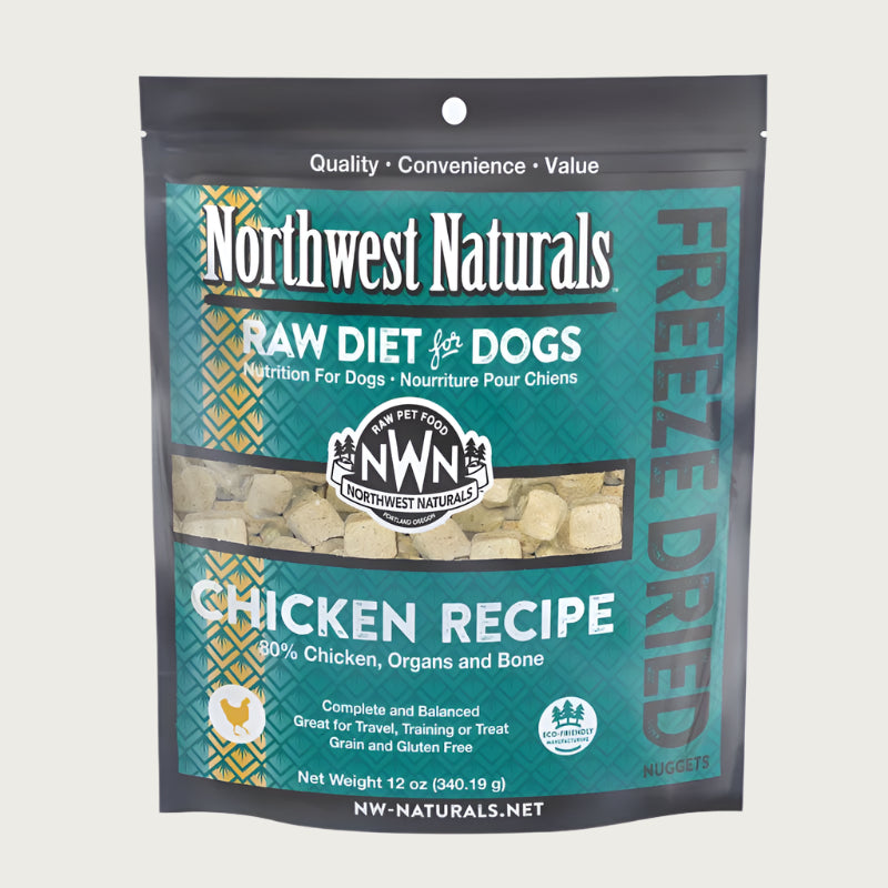 A 12 ounce bag of Northwest Naturals freeze-dried raw diet for dogs, chicken recipe. Clear window on bag shows small cube-sized nuggets.