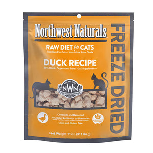 An 11 ounce bag of Northwest Naturals freeze-dried raw diet for cats, duck recipe. Clear window on bag shows small bite-sized nibbles.