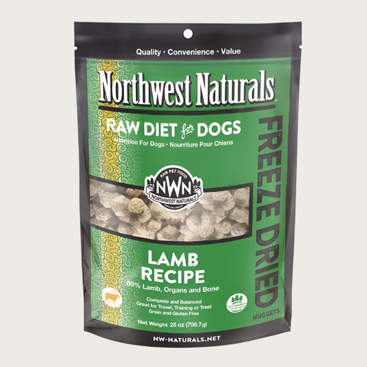 A 25 ounce bag of Northwest Naturals freeze-dried raw diet for dogs, lamb recipe. Clear window on bag shows small cube-sized nuggets.