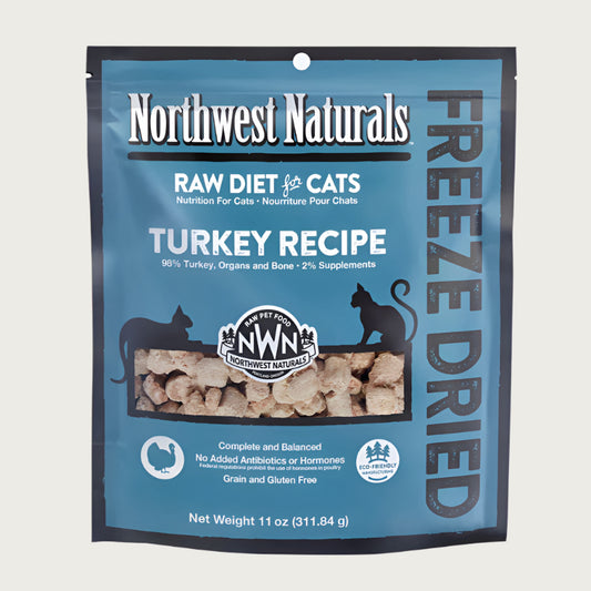 An 11 ounce bag of Northwest Naturals freeze-dried raw diet for cats, turkey recipe. Clear window on bag shows small bite-sized nibbles.