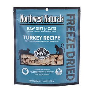 An 11 ounce bag of Northwest Naturals freeze-dried raw diet for cats, turkey recipe. Clear window on bag shows small bite-sized nibbles.