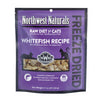 An 11 ounce bag of Northwest Naturals freeze-dried raw diet for cats, whitefish recipe. Clear window on bag shows small bite-sized nibbles.
