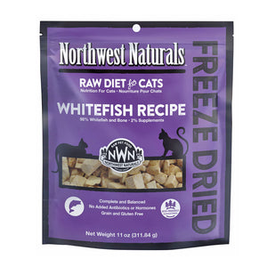 An 11 ounce bag of Northwest Naturals freeze-dried raw diet for cats, whitefish recipe. Clear window on bag shows small bite-sized nibbles.