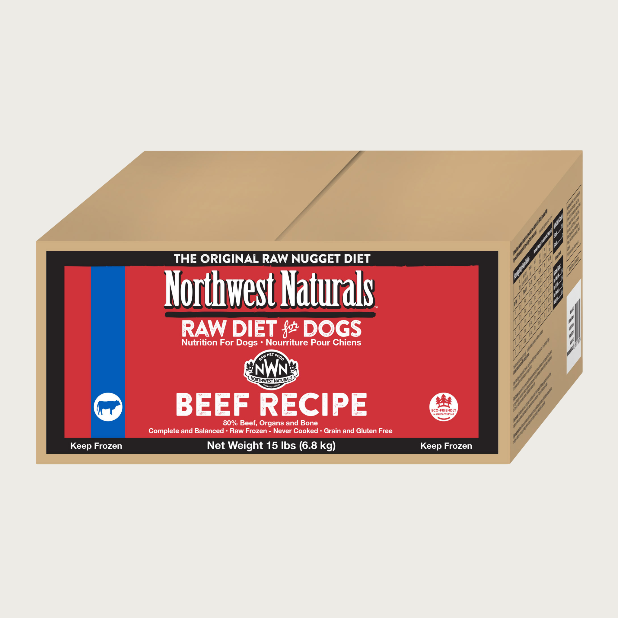 A 15 pound box of Northwest Naturals frozen raw diet for dogs, beef recipe nuggets.