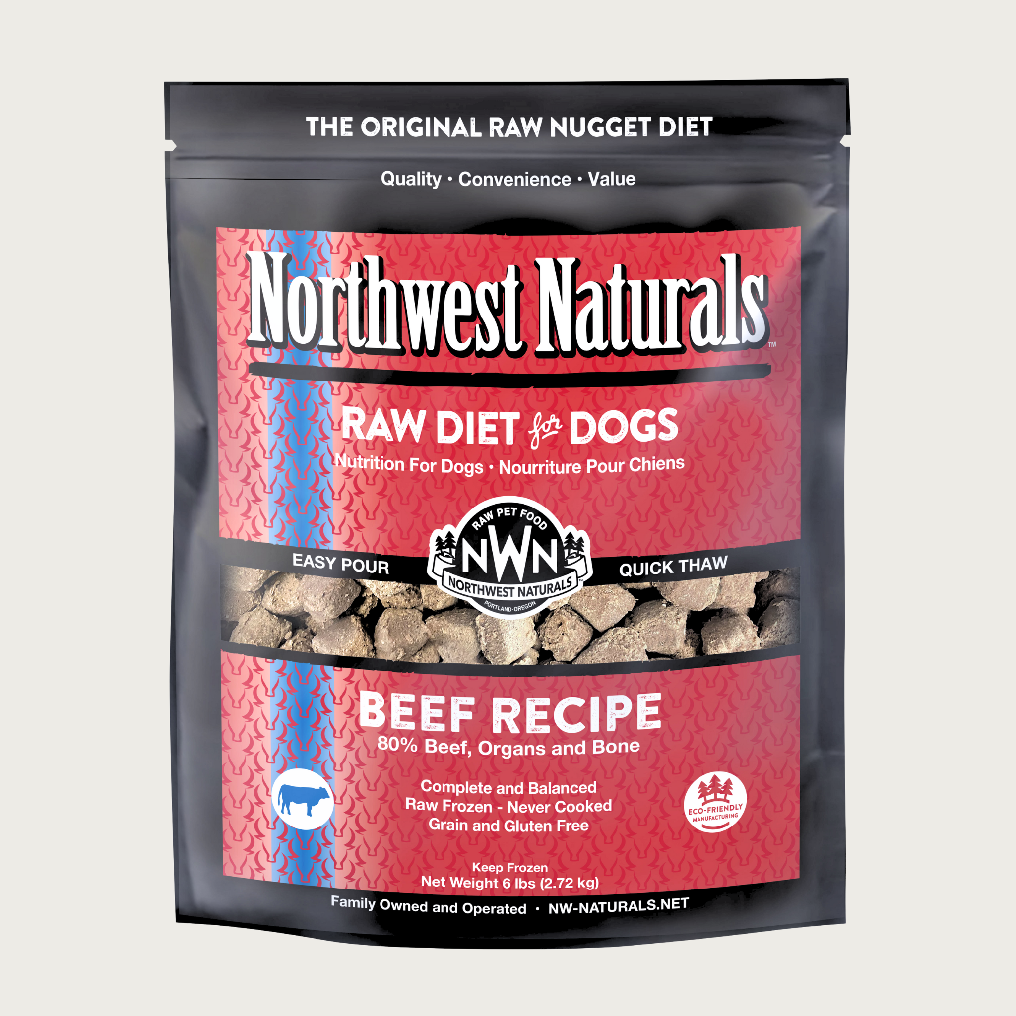 A 6 pound red bag of Northwest Naturals frozen raw diet for dogs, beef recipe. Clear window on bag shows small cube-sized nuggets.