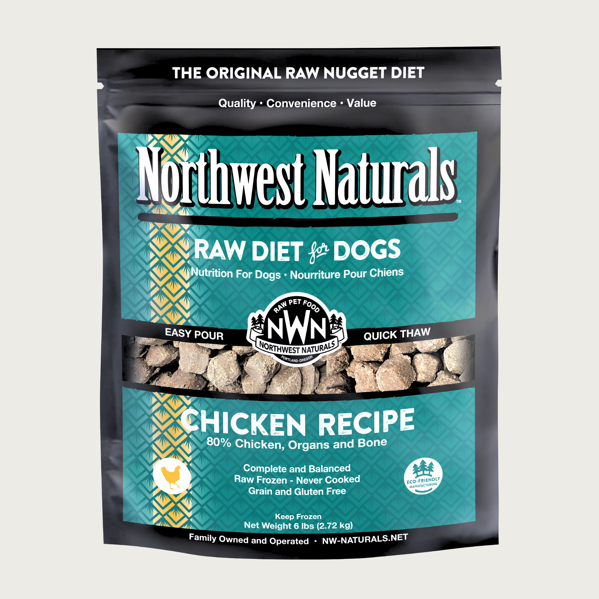 A 6 pound teal bag of Northwest Naturals frozen raw diet for dogs, chicken recipe. Clear window on bag shows small cube-sized nuggets.