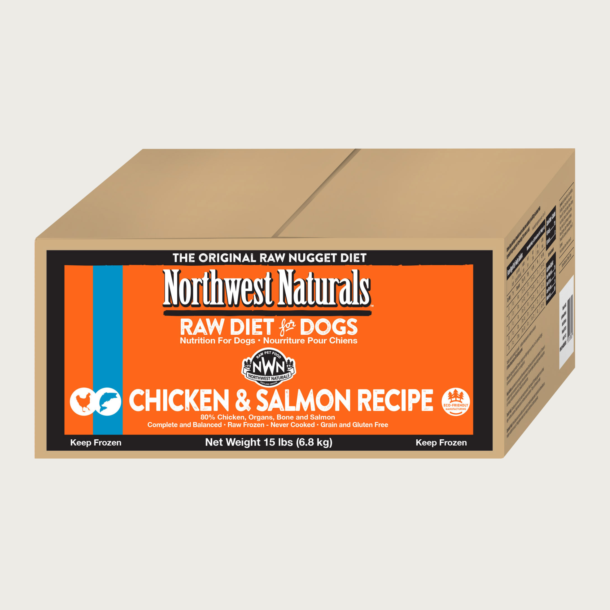 A 15 pound box of Northwest Naturals frozen raw diet for dogs, chicken and salmon recipe nuggets.